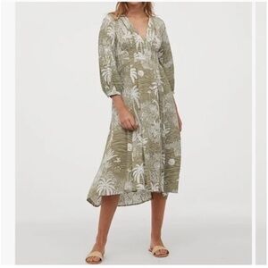 Desmond & Dempsey H&M Sz XXS Green Floral Tropical Flowy Linen Blend Midi Dress